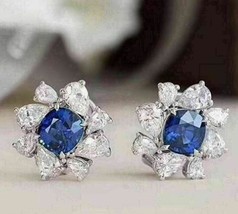 2.50 Ct Cushion Simulated Blue Sapphire Halo Stud Earrings14K White Gold Plated - £76.65 GBP