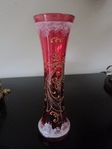 Zchekoslovakia Compatible With Bohemia Red Handpainted Crystal Flower VASE8 1/2&quot; - £81.11 GBP