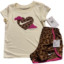 Nike Girl`s Graphic Print T Shirt &amp; Shorts 2 Piece Set Cacao Wow  6X - £23.54 GBP
