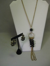 Necklace Earring Pendant Black Bead Open Circular Pendant Gold Tone Chain Tassel - $21.99