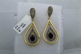 3.2Ct Oval Cut Blue Sapphire Black Diamond Dangle Earrings 14K Yellow Gold Over - £73.09 GBP