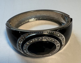 Bracelet Hinged Black Enamel Silver Tone Two Rows of Glass Rhinestones - £18.79 GBP