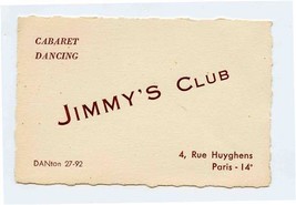 Jimmy&#39;s Club Card Rue Huyghens Paris France 1950&#39;s - £16.36 GBP