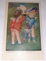 Boy Girl Cherubs Kissing The Meeting 1905 Postcard Angels Kids Top Hat Boa Fancy - £3.89 GBP