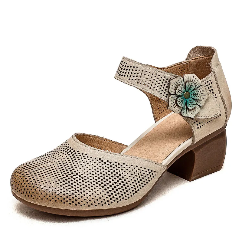Handmade Sandals Women Summer Thick High Heel Shoes Round Toe Hollow Genuine Lea - £73.59 GBP