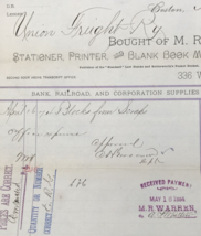 1884 Union Freight Railway Purchase Receipt Billhead MR Warren Printer 7x8 - £10.96 GBP