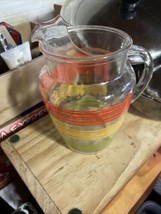 Vintage Anchor Hocking Glass Pitcher w Ice Lip Stripes Bands Multi-Colored 9&quot; T - £27.93 GBP
