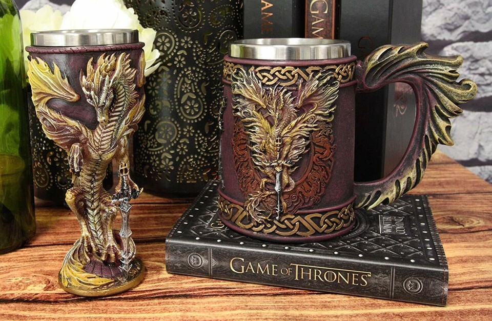 Dragons Lair Winged Dragon With Flame Blade Sword Drink Mug And Wine Gob... - $64.99