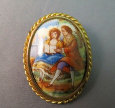 Cameo Style Brooch Courting Couple Made France Hand Painted Porcelain Colorful - £15.72 GBP