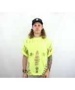 NOS Vtg 90s Streetwear Acid Wash Cut Fringed Short Sleeve T-Shirt Neon A... - £15.53 GBP