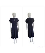 Vintage 40s Navy Silk Crepe Fit Flare Midi Dress Buttons W26&quot; - $138.60