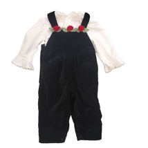 Vintage 90s Toddler Girls 18 Months Black Velvet Bibs Overalls Lace Outf... - $28.93