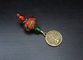 Red Carnelian and Emerald Crystal Summer Garden Antiqued Tree of Life bead - Mot - £11.85 GBP