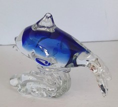 DOLPHIN Fish Blue Art Glass Sculpture Figurine Riding Ocean Wave 4 Inches Tall - £14.32 GBP