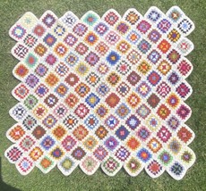 GRANNY SQUARE Crochet Afghan Handmade White with Multicolor Squares 56&quot;x51&quot; - $65.09