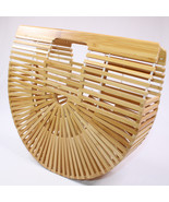 Vintage Wooded Tote Bag Natural Bambo Purse Crescent Half Moon Wood Wove... - $16.48