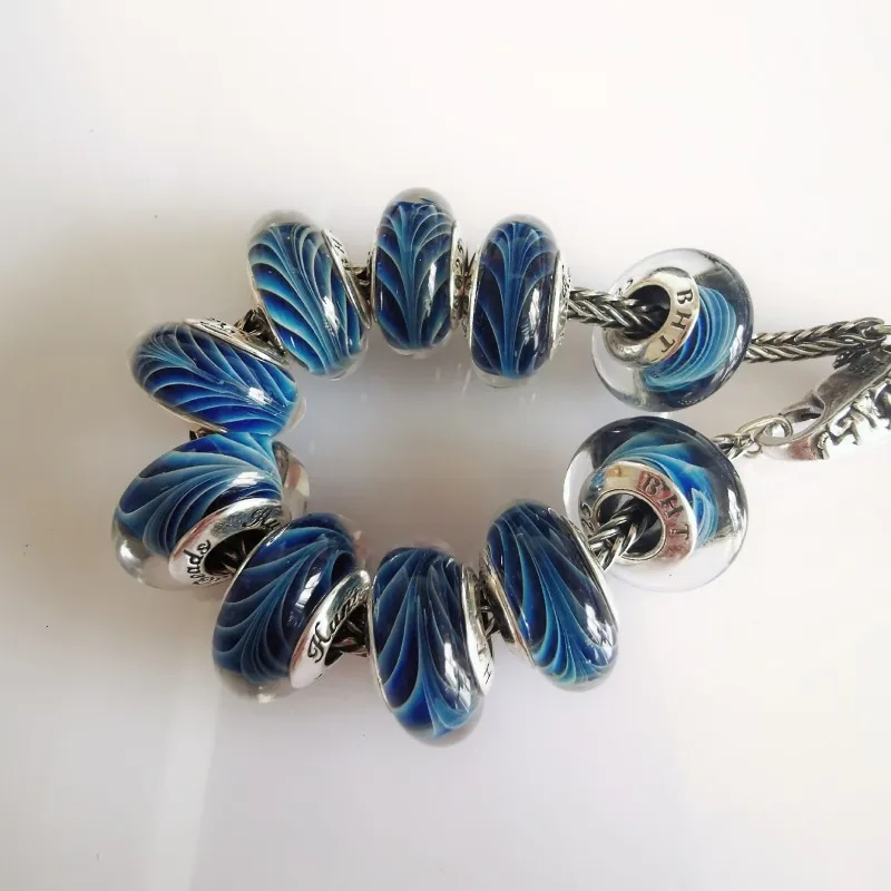 925 Sterling Silver Blue Strip Murano Glass Beads Fit Original Charm Bracelet  G - £30.80 GBP
