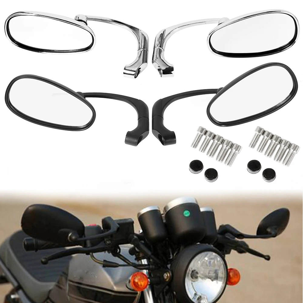 8mm 10mm Motorcycle Retro Oval Rearview Side Mirrors L-Bar Chrome/Black Aluminum - £37.30 GBP+