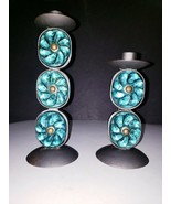 Set of 2 MCM Metal w/ Aqua Blue Glass Insets Graduated Pillar Candlestic... - £19.77 GBP