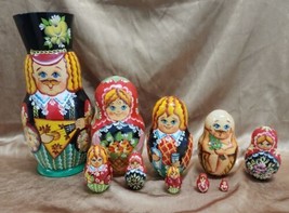 Vintage Russian Balalaika Musician Matryoshka 10 Piece Nesting Doll Set 10.5&quot; - $167.29