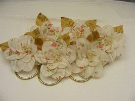Vintage Handmade Napkin Rings Set of 6 White w Pink Roses Grey Stripe #13 - $368.72 MXN