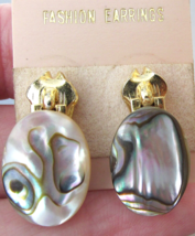 Oval ABALONE Gold Tone Zipper Pull Pierced Vtg Earrings, NEW On Card - $12.86