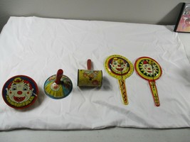 5 Vintage Tin Clown Noise Makers wood handles lot - £23.25 GBP