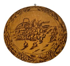 Round Flemish Pyrography Basket of Cherries Wall Paque 9.5&quot; Vintage Early 1900&#39;s - £58.99 GBP