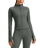 Womens Cropped Workout Jacket Slim Fit Full Zip Thumb Holes Pockets Sage... - €17,76 EUR