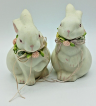 Set Of 2 Dept. 56 Ivory Bisque Bunnies with Satin Flowers - Ribbon - £7.86 GBP