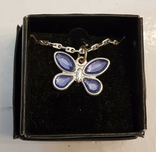 Avon Birthstone Butterfly Pendant Necklace 15&quot; Silver Tone Chain Faux Sapphire - £15.82 GBP