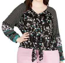 Style &amp; Co Womens Plus Size Mixed Print Tie Front Top Size 1X, Black Happy Mix - £23.20 GBP