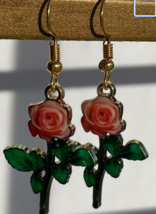 Pink Rose with Stem Earrings - £2.80 GBP