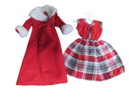 Vtg Barbie Clone Red Plaid Satin Dress &amp; Red Coat #3336 - €21,14 EUR