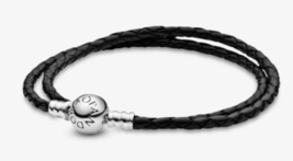 Pandora Moments Double Black Leather Bracelet 590745CBK-D3 Size 16.1 - £39.92 GBP