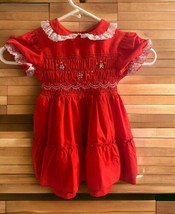 Polly Flinders VTG Hand Smocked Embroidered Dress Toddler 3 Red Lace Flowers - £22.91 GBP