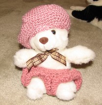 White Plush 12&quot; Bear with Custom Crocheted Heather Tone Pink Outfit - $7.95