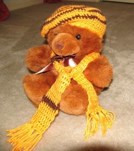 Brown Plush 15&quot; Teddy Bear w Custom Crocheted Yellow &amp; Brown Outfit - £7.82 GBP