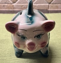 VTG CERAMIC PIGGY BANK Female White Green Teal Circles Loop Eyelashes 4&quot; - $331.97 MXN