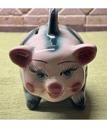 VTG CERAMIC PIGGY BANK Female White Green Teal Circles Loop Eyelashes 4&quot; - $325.79 MXN