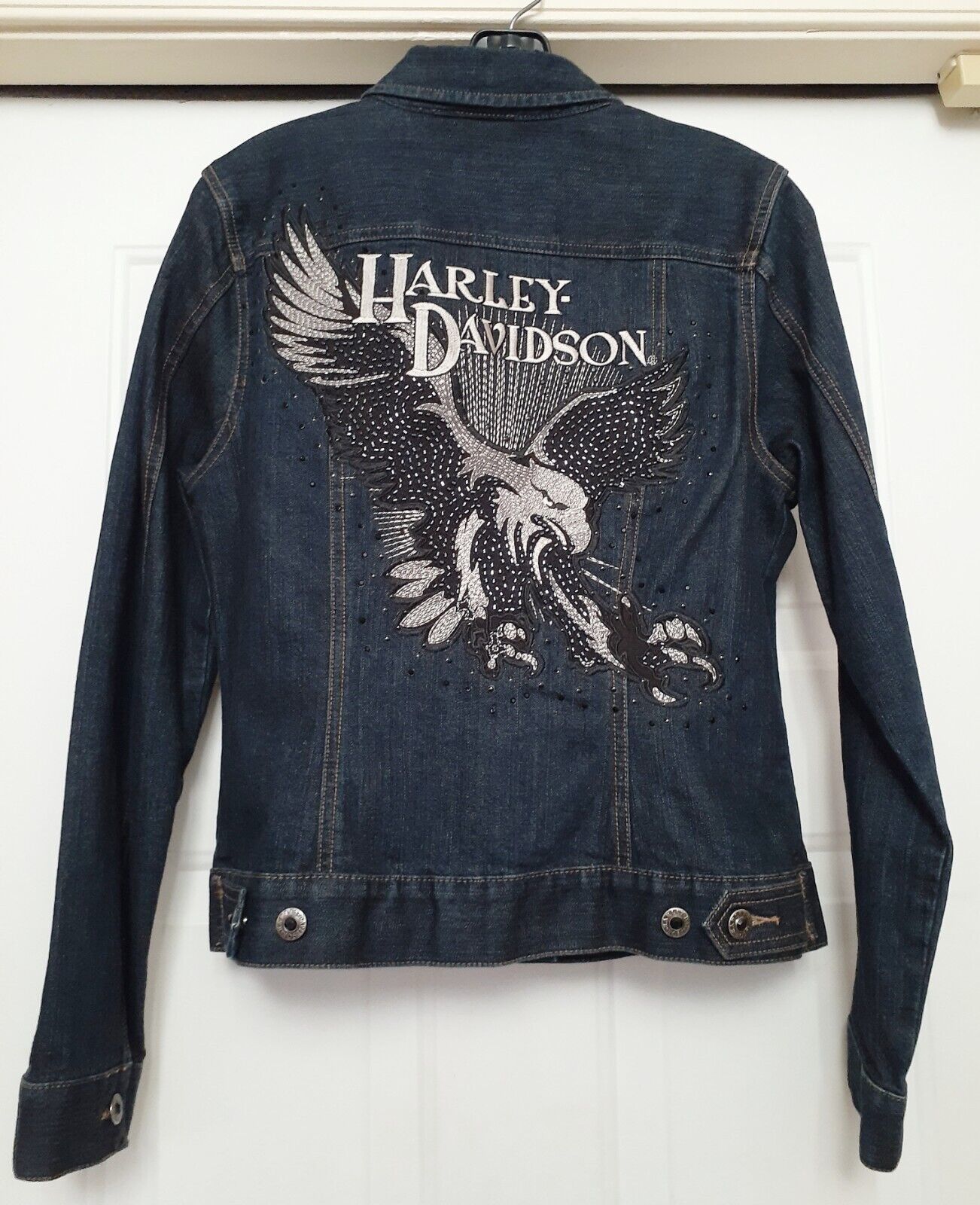 Primary image for Harley Davidson Jean Jacket Beaded Embellished Eagle Back Biker Blue Women's S