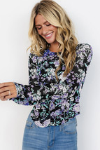 Black Floral Print Mesh Fitted Long Sleeve Top - $9.29