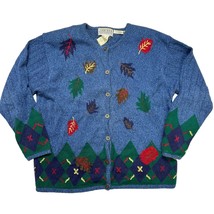 Vintage Jantzen Womens Cardigan Sweater Fall Leaves Embroidered Size XL Blue - £39.52 GBP