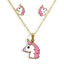 2022Cute Pink Horse Design Enamel Stainless Steel Gold Color Necklaces earring S - £18.92 GBP
