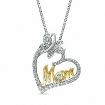 14K White Plated 0.05Ct Moissanite Butterfly with &quot;MOM&quot; Heart Pendant Necklace - £68.82 GBP