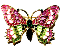 Vintage 2&quot; Gold Color ,Pink &amp; Green Enamel w/ Green Crystal Butterfly Brooch - $12.00