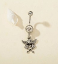 Skeleton with wings &amp; electric guitars belly ring / bar cubic zirconia c... - £8.55 GBP