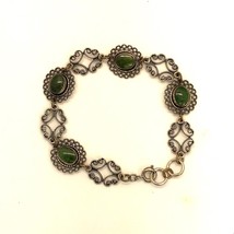 Vintage Sterling Signed RF Art Deco Filigree Ornate Jade Stone Link Bracelet 7 - £42.77 GBP