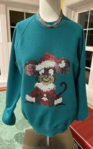 Grandma Core Vintage Christmas Mouse Sweatshirt Santa Suit Sequined 1990s Sz M - $11.67