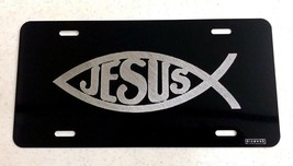 Christian Fish Jesus logo Car Tag Diamond Etched on Black Aluminum License Plate - £18.33 GBP